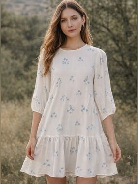 ARITZIA Wilfred Lambrusco Dress Babydoll | Cottage White Blue Spring Floral XS